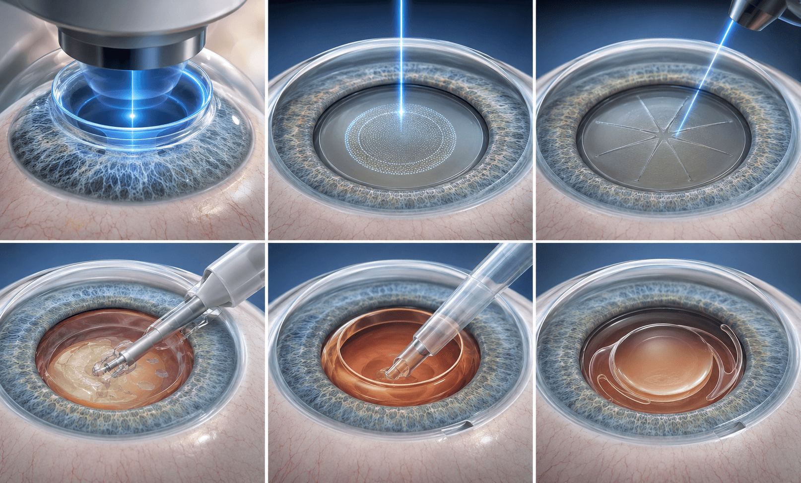 Step-by-step diagram of femtosecond laser-assisted cataract surgery (FLACS), showing the laser incision, capsulotomy and lens fragmentation steps