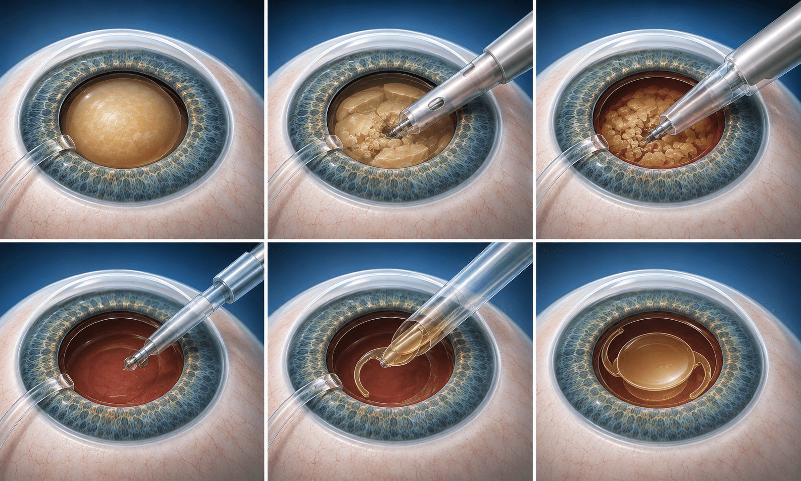 Step-by-step diagram of phacoemulsification cataract surgery: cloudy lens, emulsification, aspiration, IOL insertion and final placement