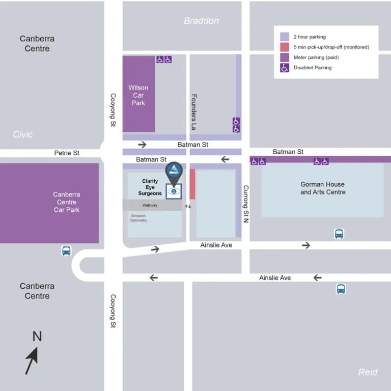 Map showing Clarity Eye Surgeons on Batman St, Braddon, with nearby parking: 2-hour parking on Founders Lane, 5-minute monitored pick-up/drop-off, paid meter parking at Wilson Car Park, and disabled parking bays