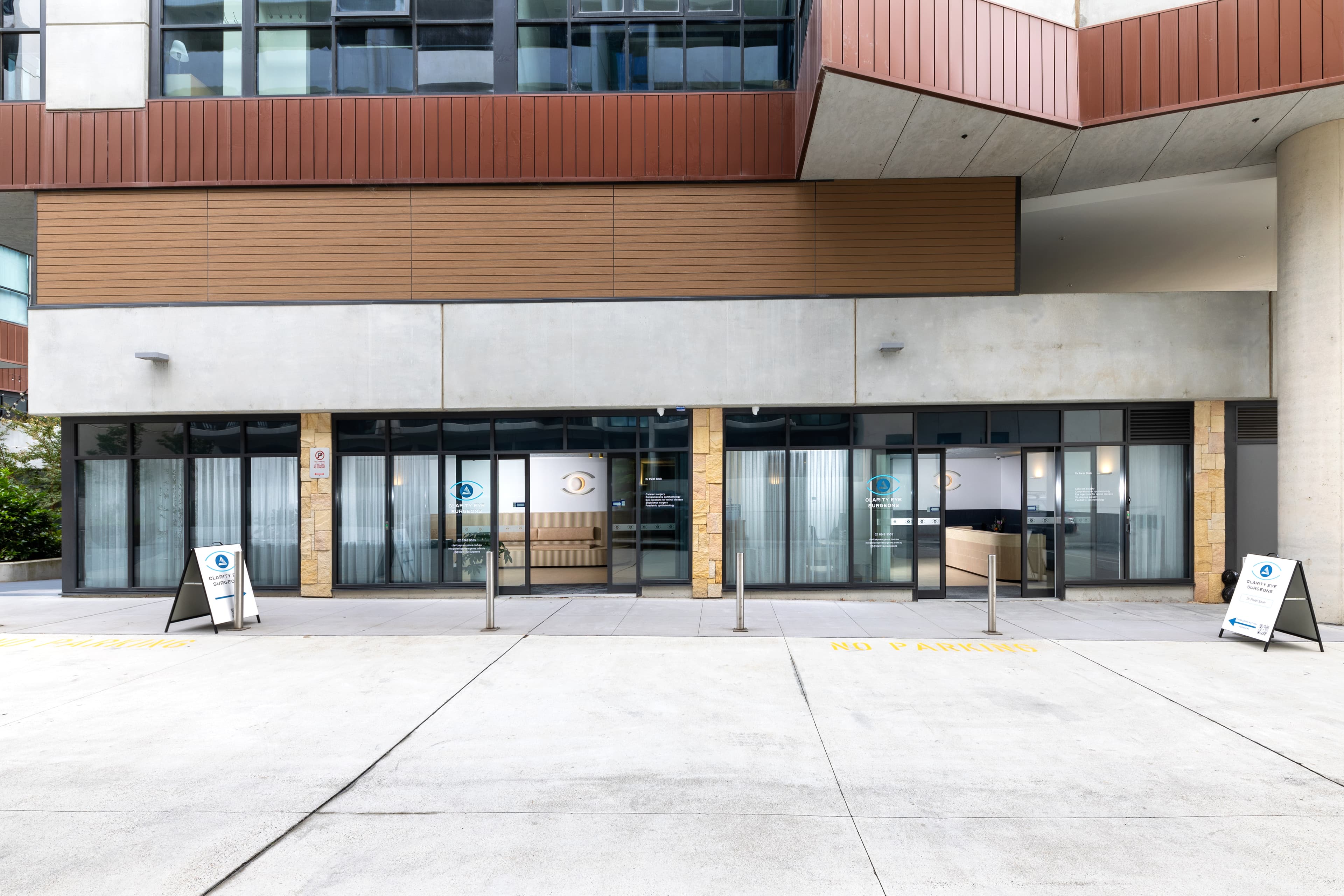 Street view of Clarity Eye Surgeons clinic entrance at Founders Lane Precinct, 2 Batman St, Braddon